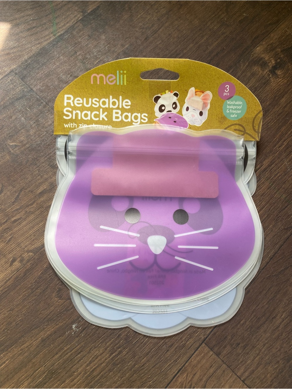 Melii Reusable Snack Bags - Purple Cat Design (3-Pack)
